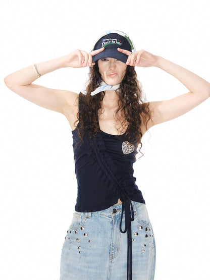 YOSHUYUKI Navy White Lace Trim Ruched Adjustable Stretch Knit Women&