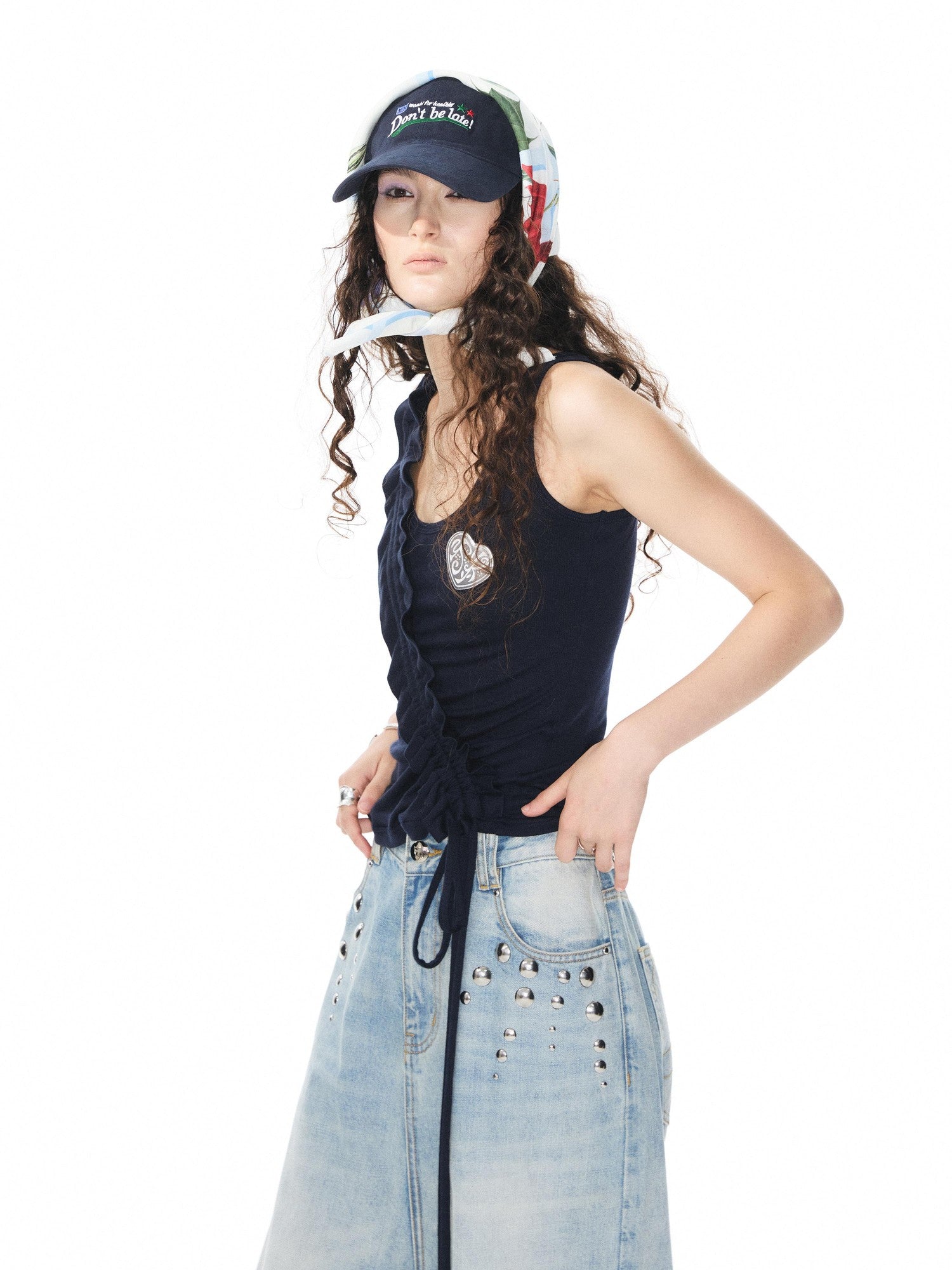 YOSHUYUKI Navy White Lace Trim Ruched Adjustable Stretch Knit Women&