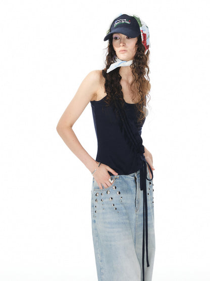 YOSHUYUKI Navy White Lace Trim Ruched Adjustable Stretch Knit Women&