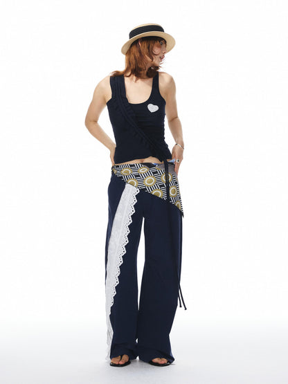 YOSHUYUKI Navy White Lace Trim Ruched Adjustable Stretch Knit Women&