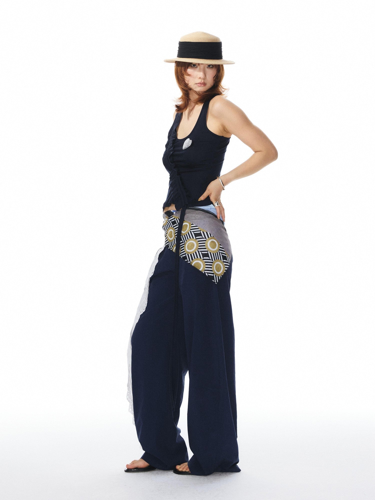 YOSHUYUKI Navy White Lace Trim Ruched Adjustable Stretch Knit Women&
