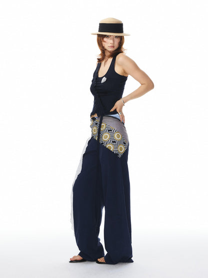YOSHUYUKI Navy White Lace Trim Ruched Adjustable Stretch Knit Women&