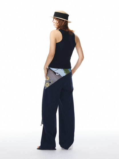YOSHUYUKI Navy White Lace Trim Ruched Adjustable Stretch Knit Women&