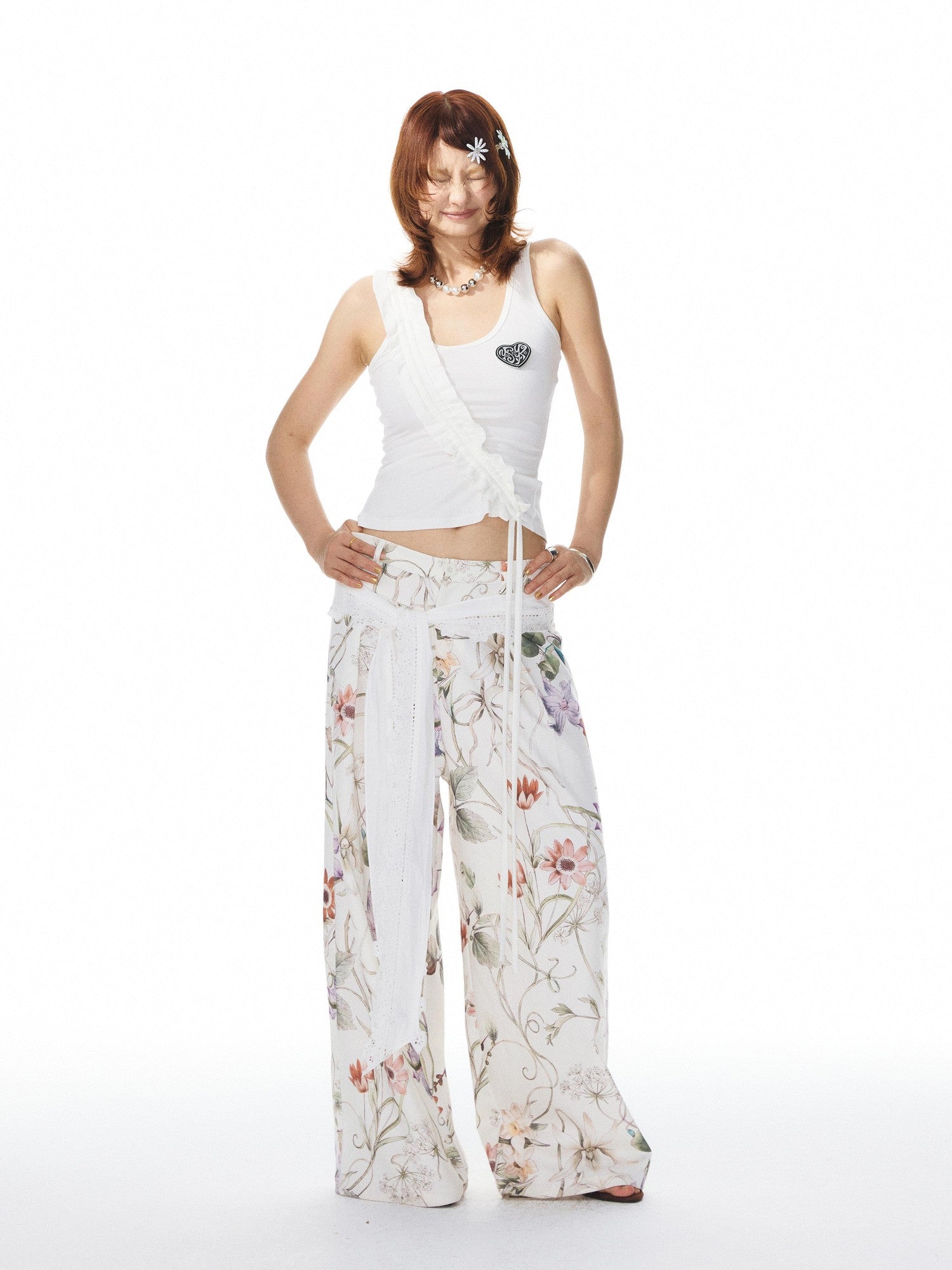 YOSHUYUKI Navy White Lace Trim Ruched Adjustable Stretch Knit Women&