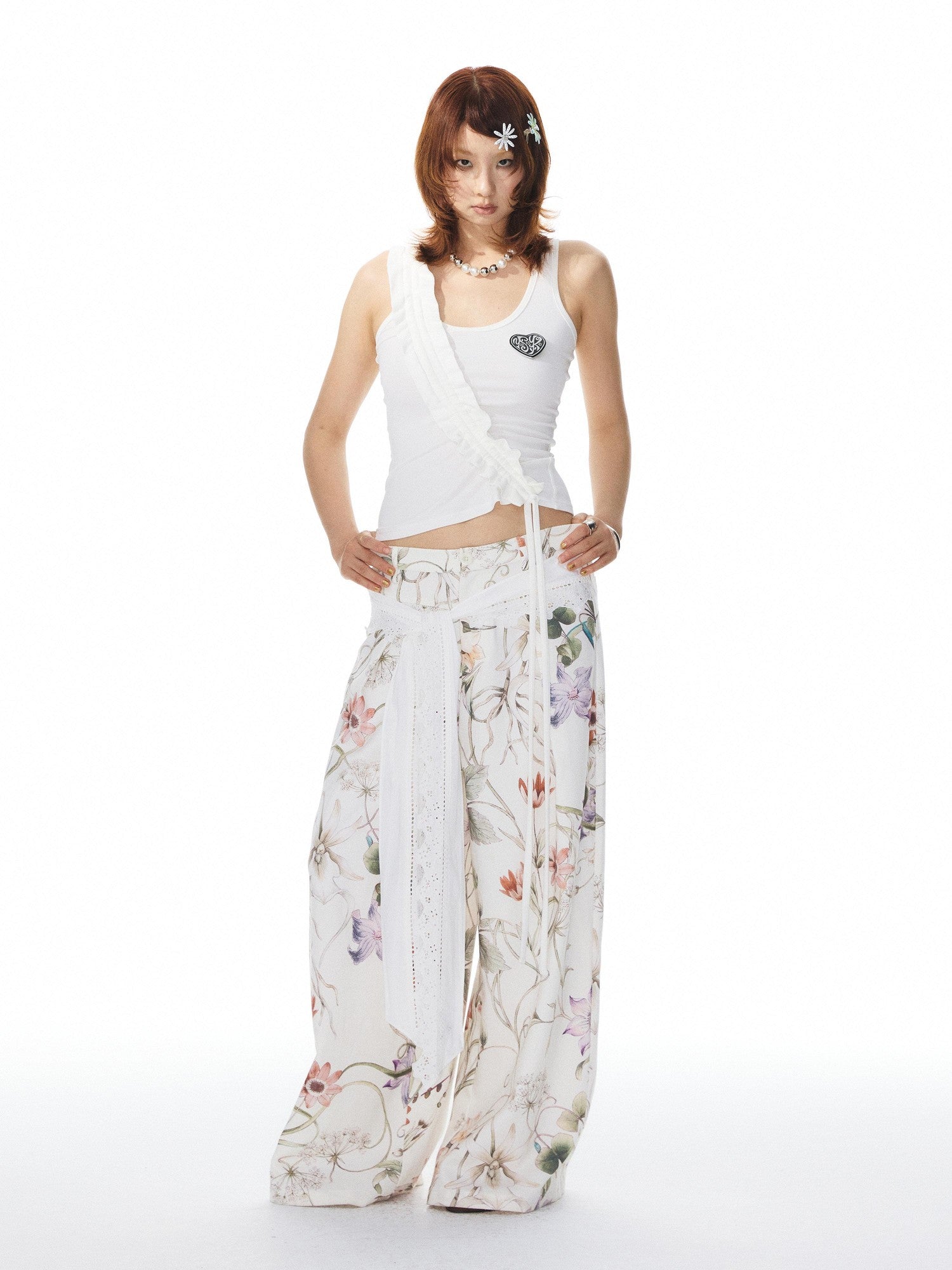 YOSHUYUKI Navy White Lace Trim Ruched Adjustable Stretch Knit Women&