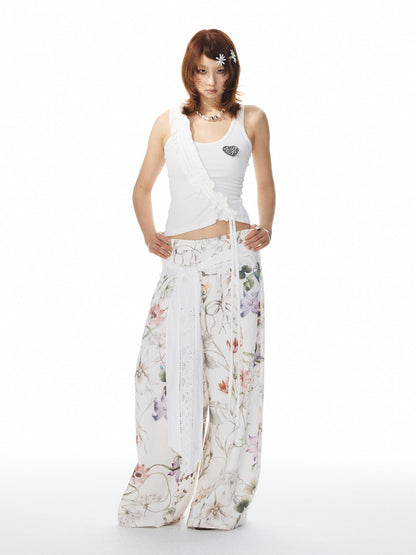 YOSHUYUKI Navy White Lace Trim Ruched Adjustable Stretch Knit Women&