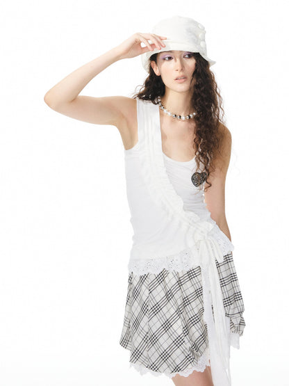 YOSHUYUKI Navy White Lace Trim Ruched Adjustable Stretch Knit Women&