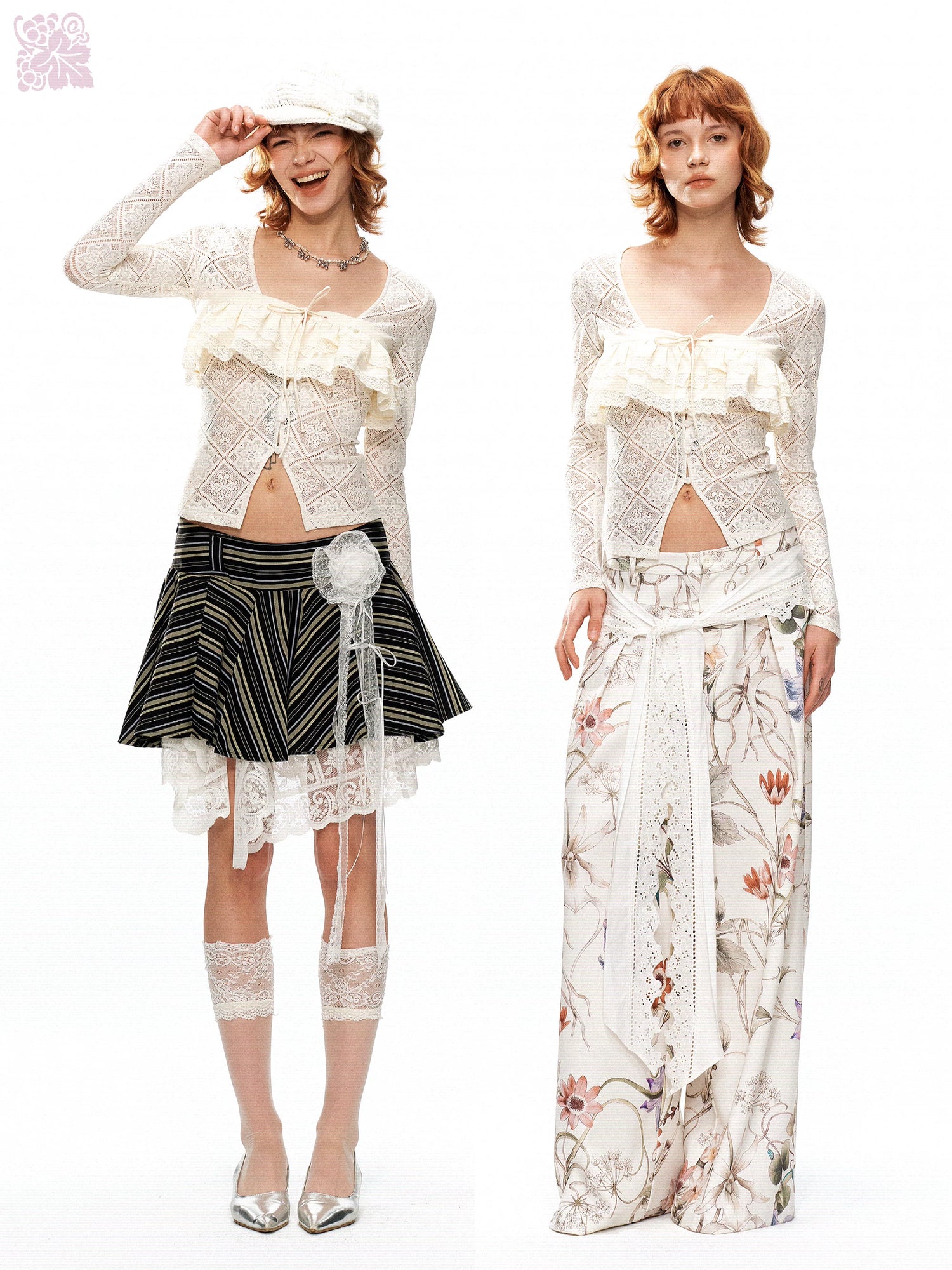 YOSHUYUKI Off White Lace Hollow Faux Two Piece Women&