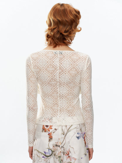 YOSHUYUKI Off White Lace Hollow Faux Two Piece Women&