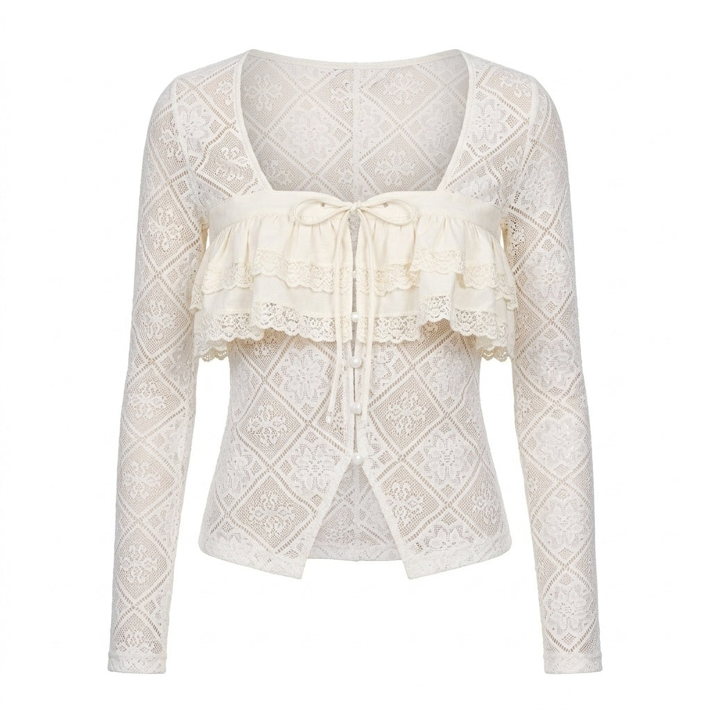 YOSHUYUKI_Off_White_Lace_Hollow_Faux_Two_Piece_Women&