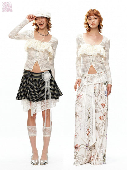 YOSHUYUKI Off White Lace Hollow Faux Two Piece Women&