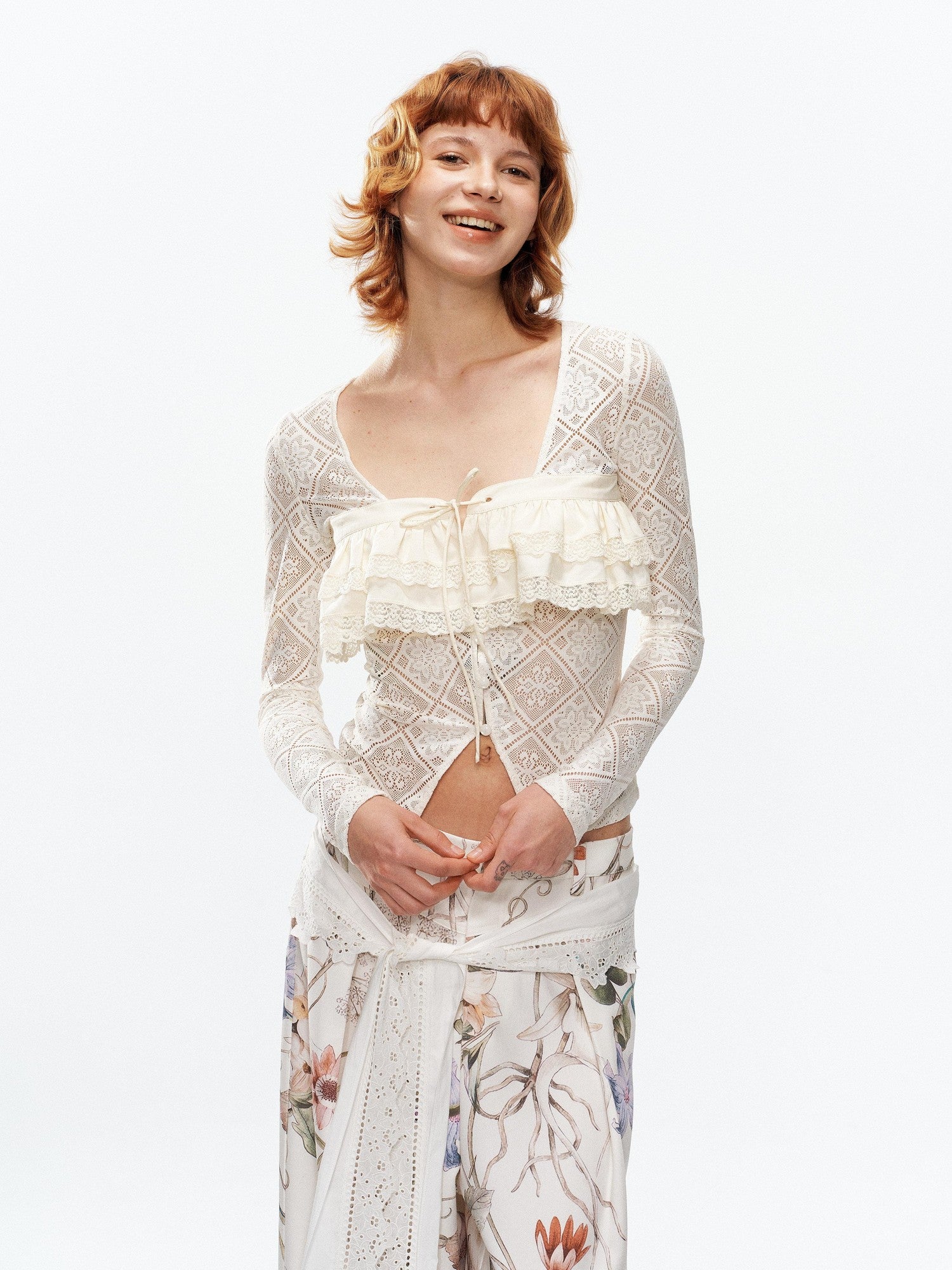 YOSHUYUKI Off White Lace Hollow Faux Two Piece Women&