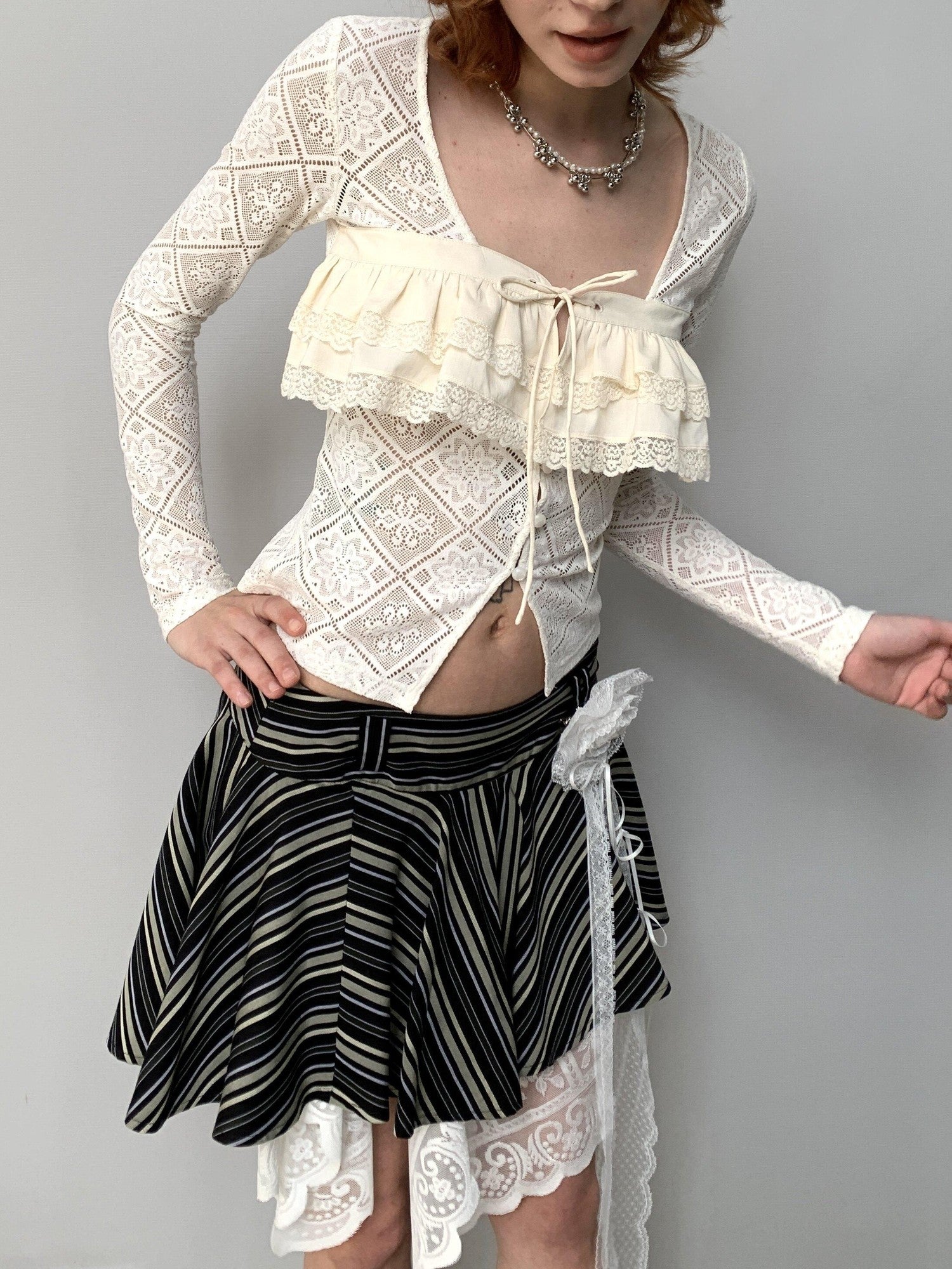 YOSHUYUKI Off White Lace Hollow Faux Two Piece Women&