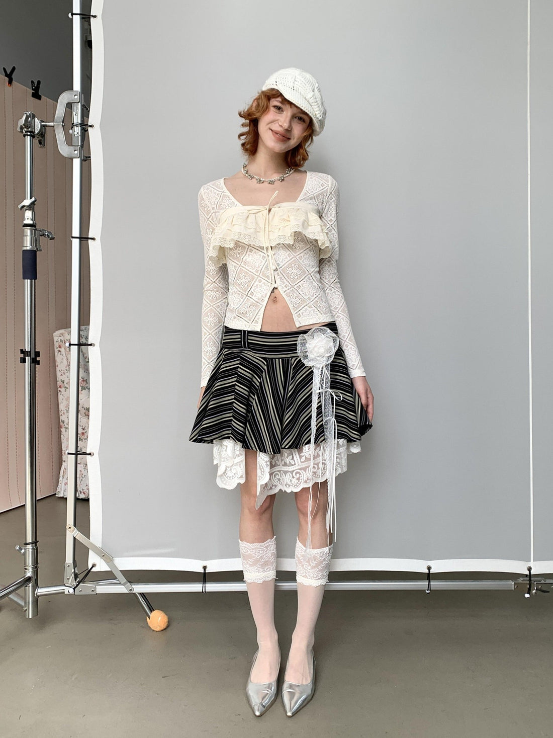 YOSHUYUKI Off White Lace Hollow Faux Two Piece Women&