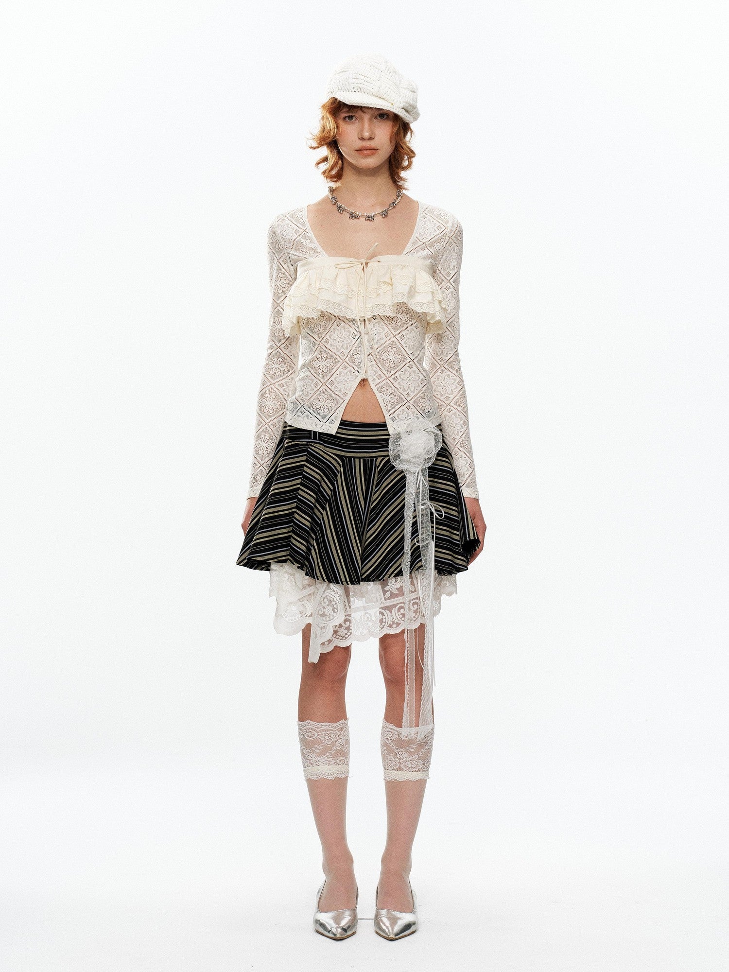 YOSHUYUKI Off White Lace Hollow Faux Two Piece Women&