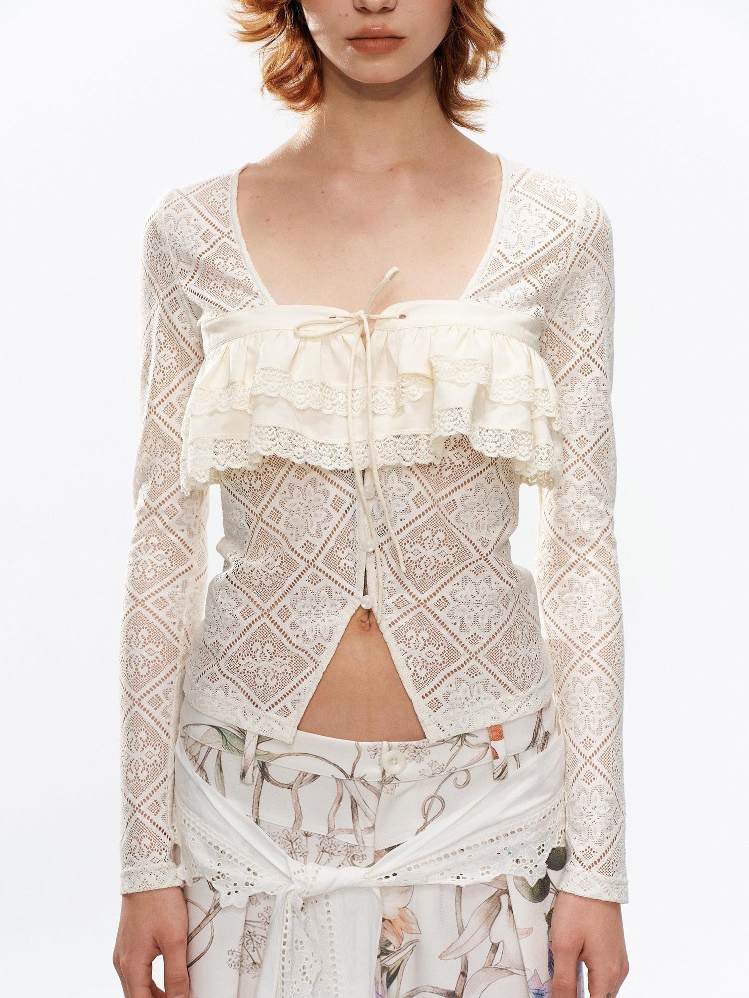 YOSHUYUKI Off White Lace Hollow Faux Two Piece Women&
