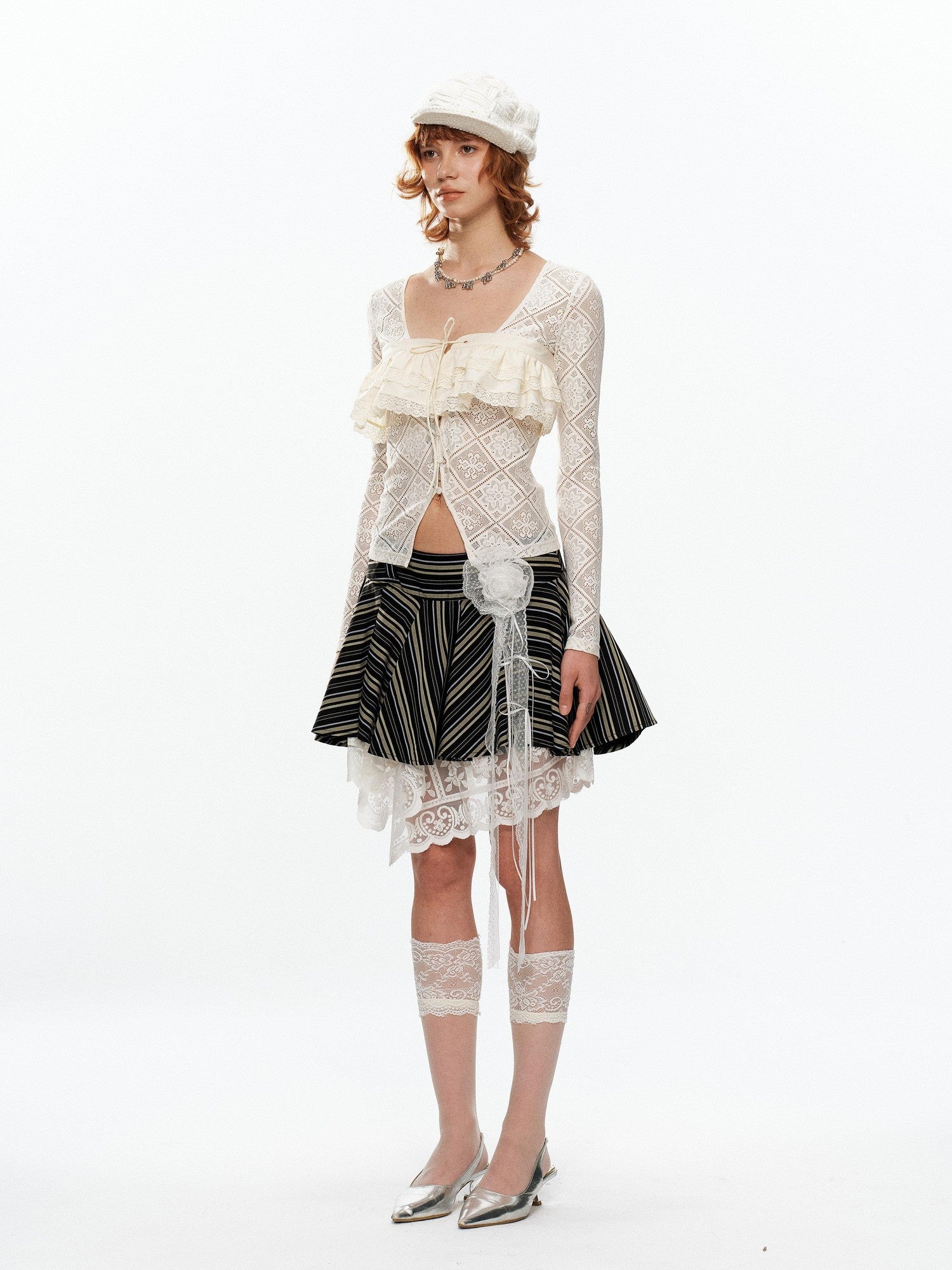 YOSHUYUKI Off White Lace Hollow Faux Two Piece Women&