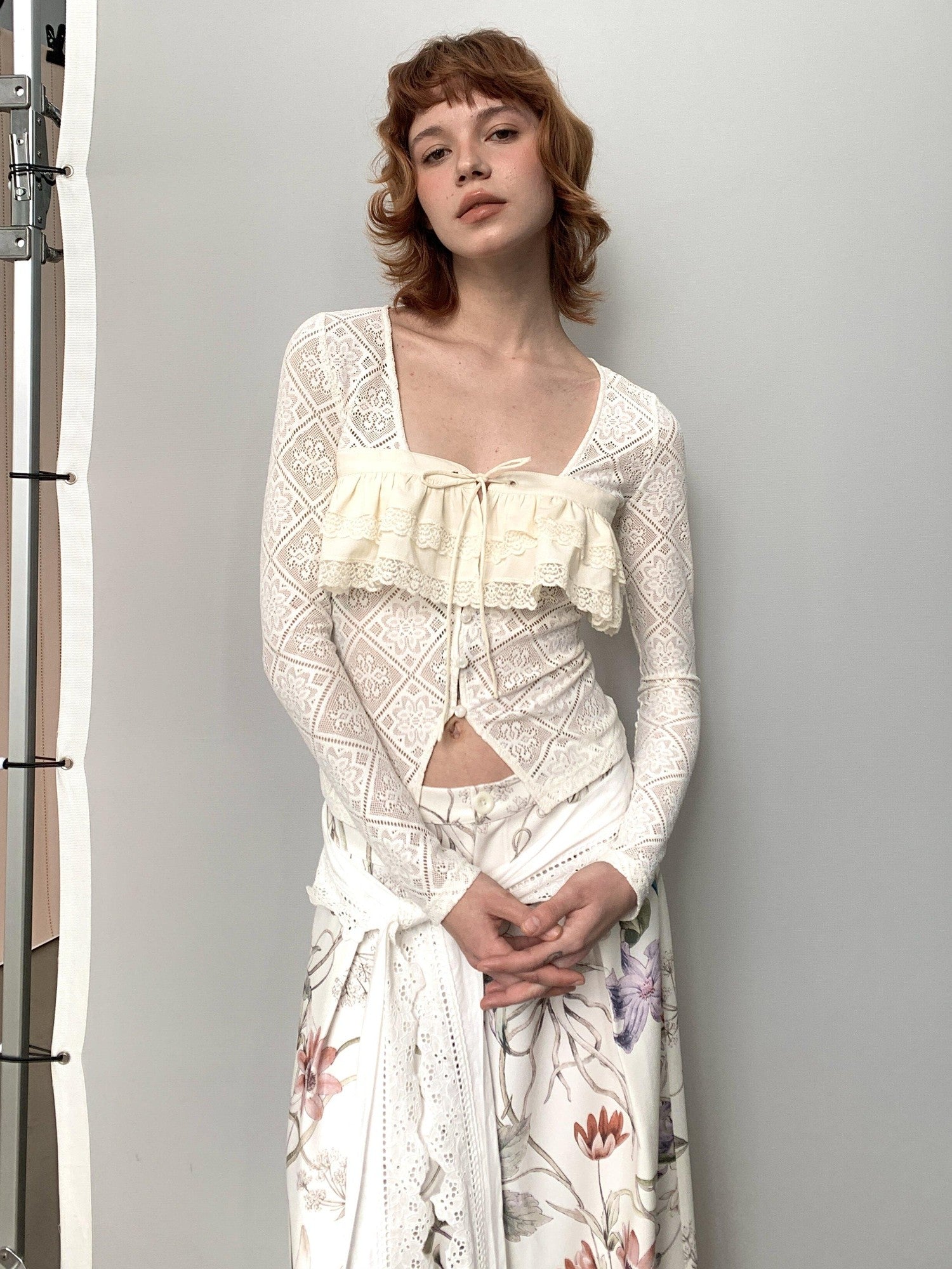 YOSHUYUKI Off White Lace Hollow Faux Two Piece Women&