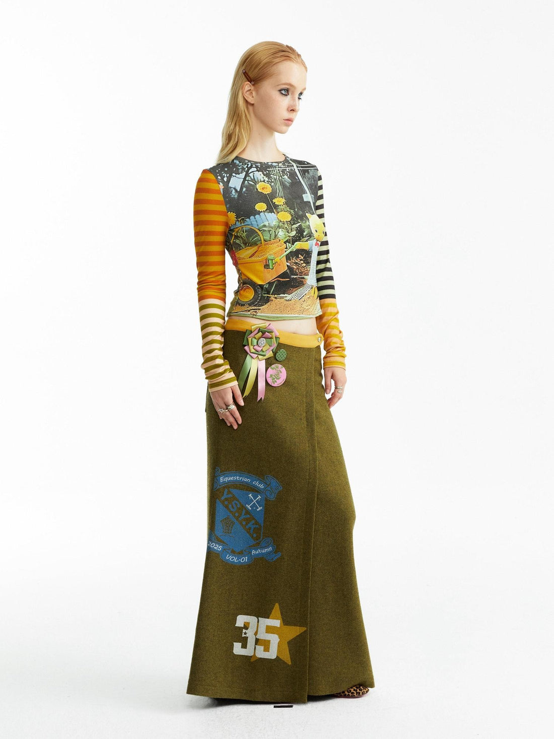 YOSHUYUKI Olive Print Single Panel H Silhouette Street Women&