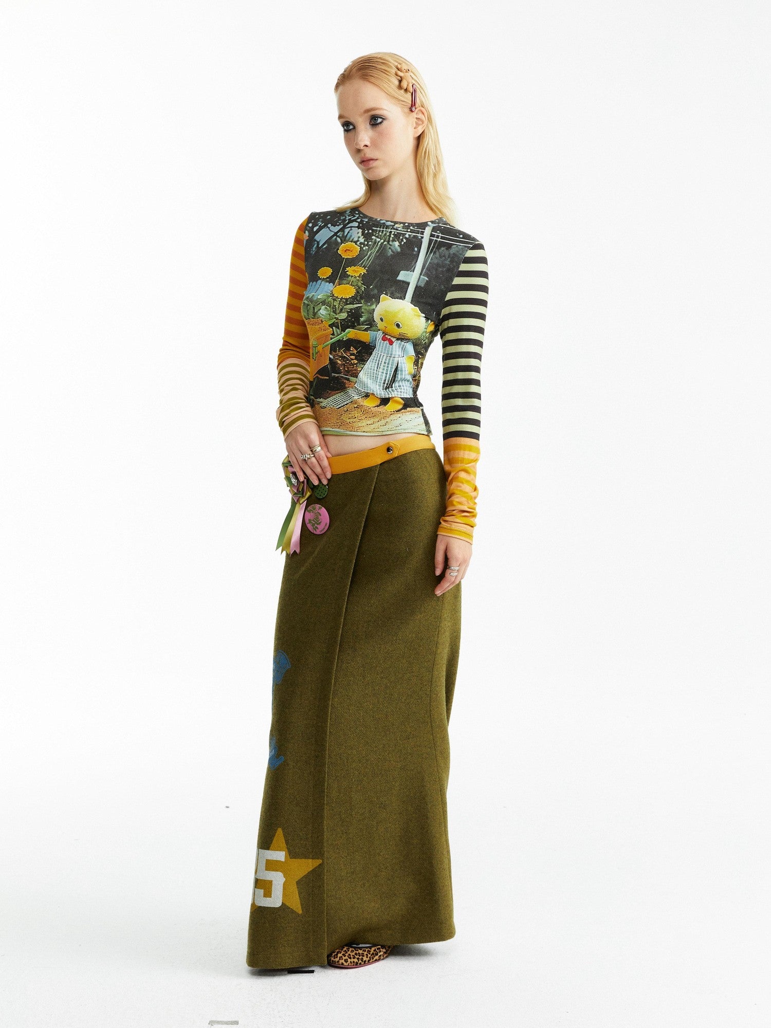 YOSHUYUKI Olive Print Single Panel H Silhouette Street Women&