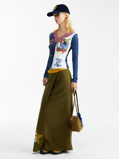 YOSHUYUKI Olive Print Single Panel H Silhouette Street Women&