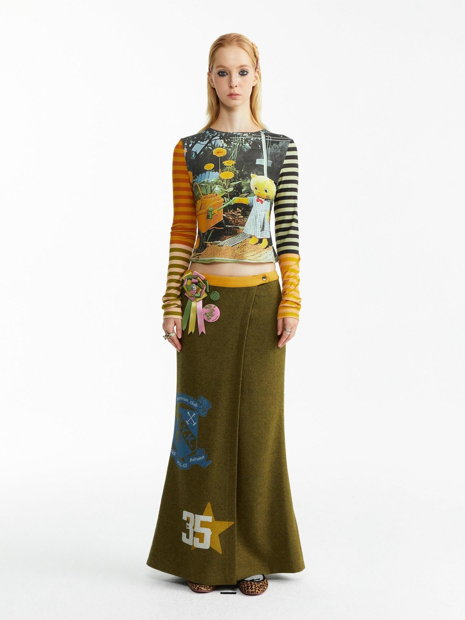 YOSHUYUKI Olive Print Single Panel H Silhouette Street Women&
