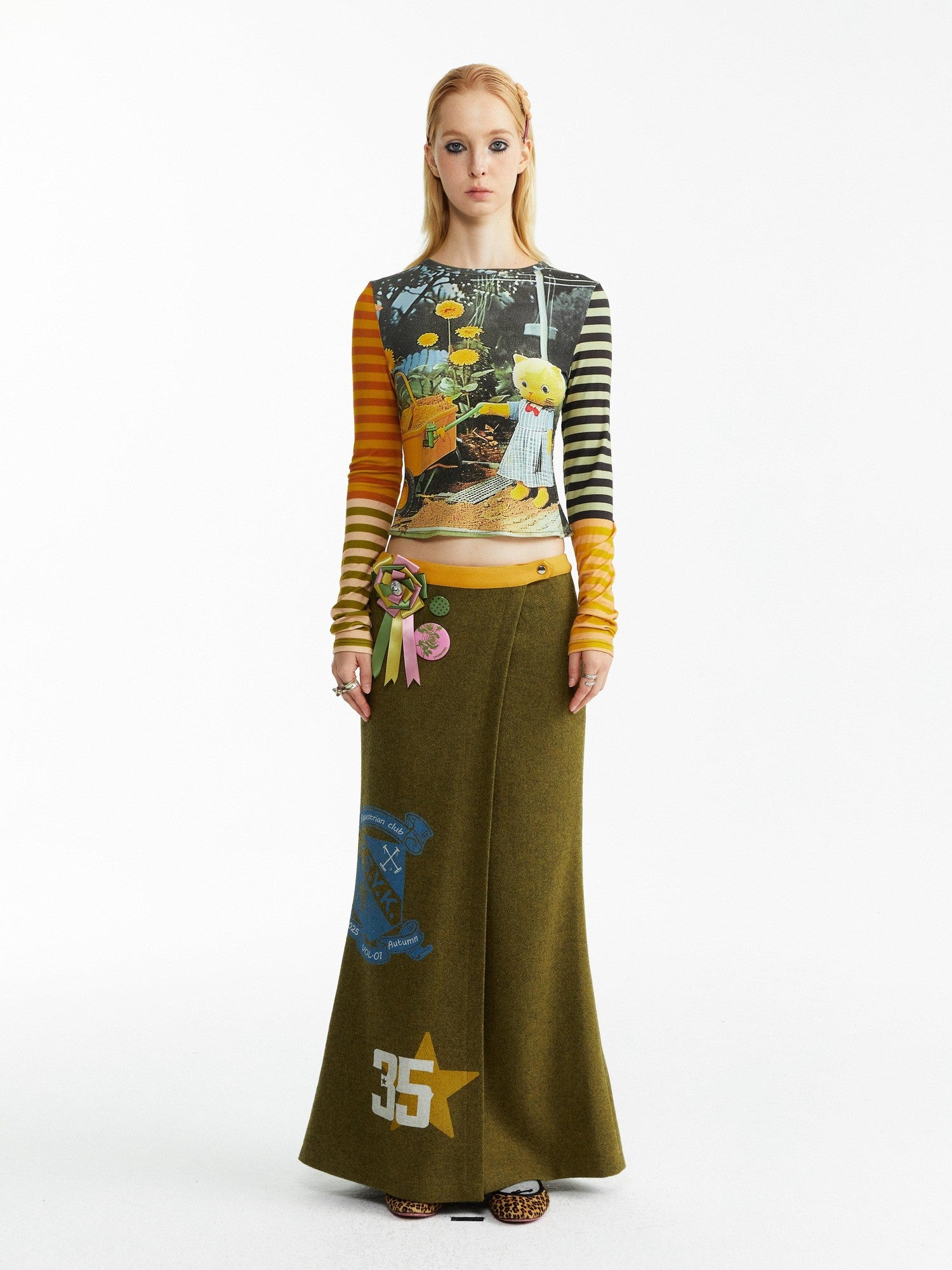 YOSHUYUKI Olive Print Single Panel H Silhouette Street Women&