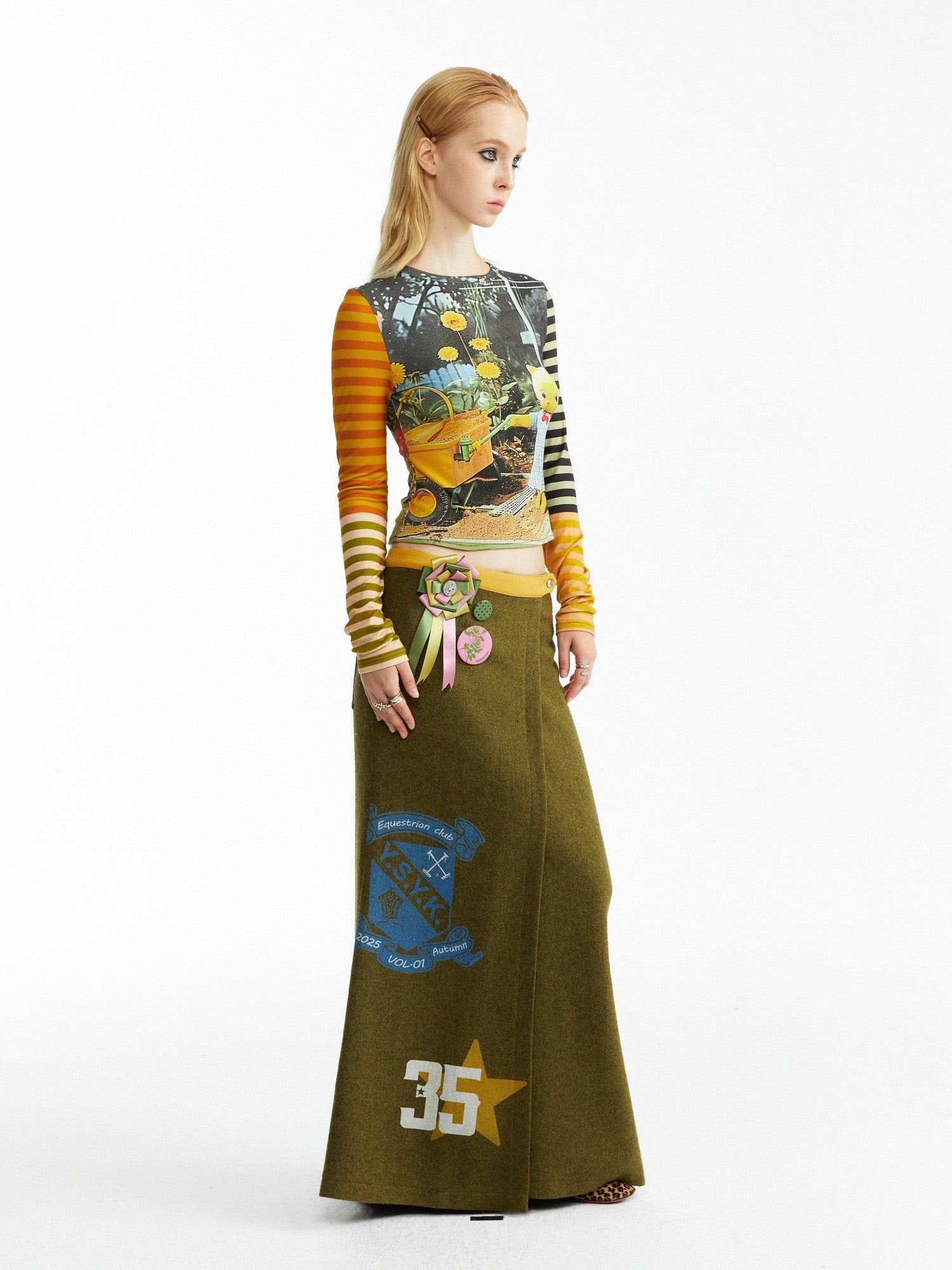 YOSHUYUKI Olive Print Single Panel H Silhouette Street Women&