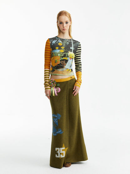 YOSHUYUKI Olive Print Single Panel H Silhouette Street Women&