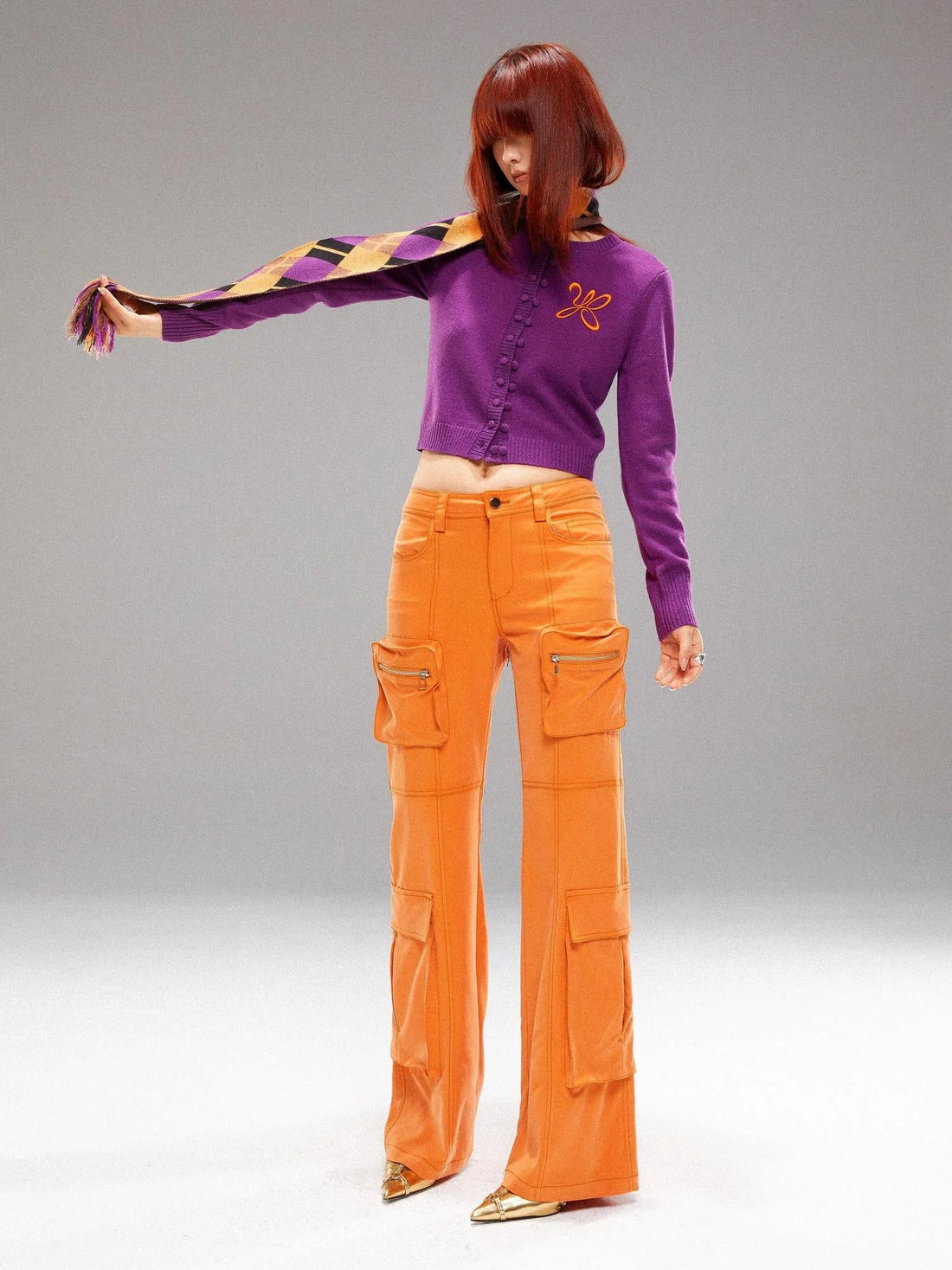Orange Utility Cargo Pants With 3D Pockets