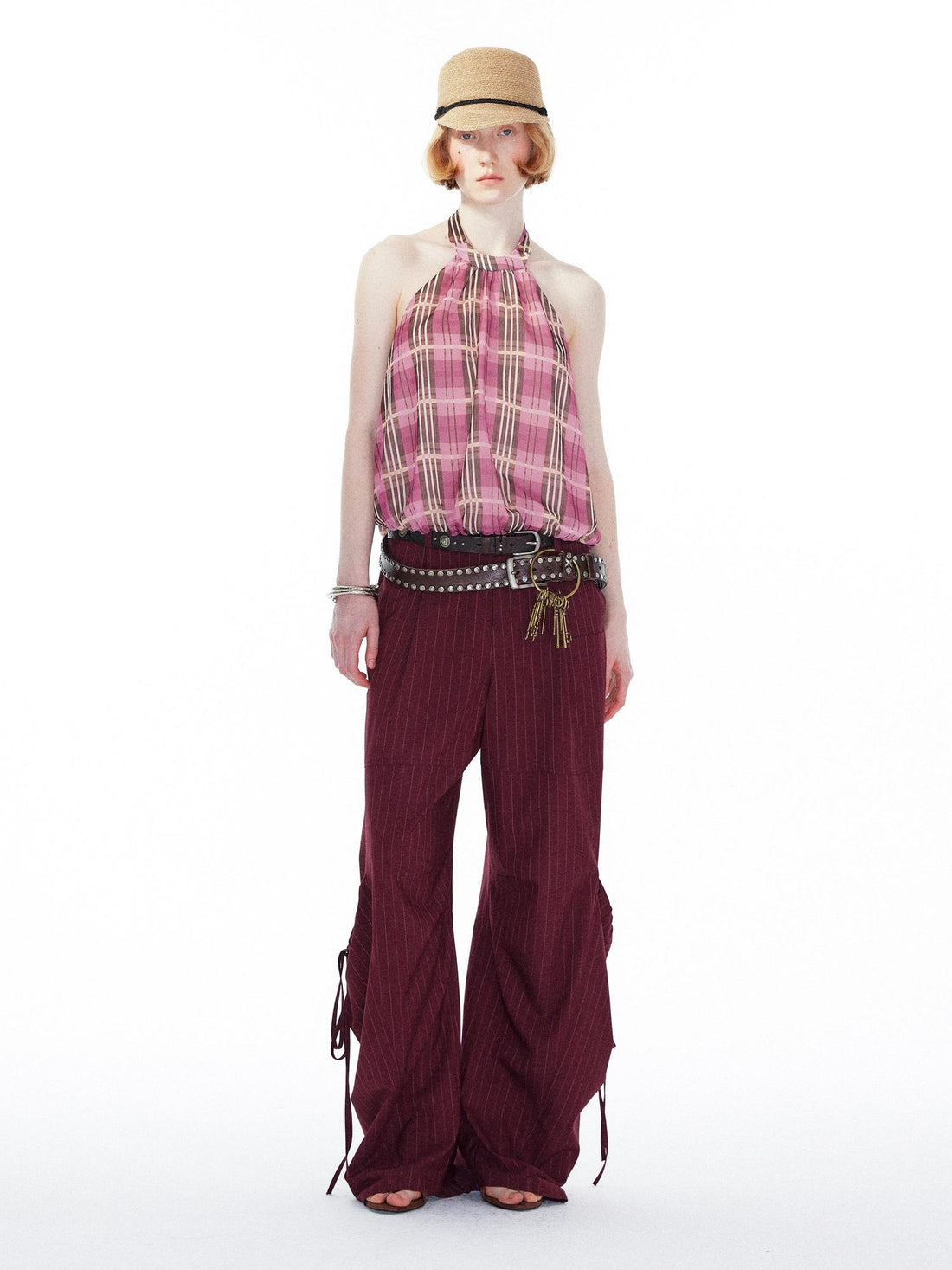 YOSHUYUKI Original Minimalist Wine Red Loose Straight Elastic Waist Cotton Stretch Pants