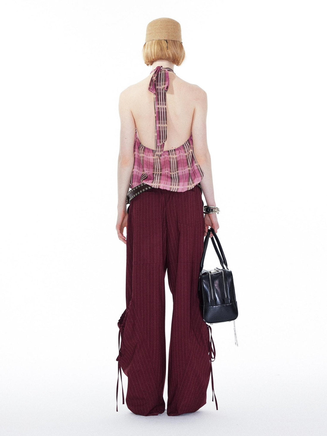 YOSHUYUKI Original Minimalist Wine Red Loose Straight Elastic Waist Cotton Stretch Pants