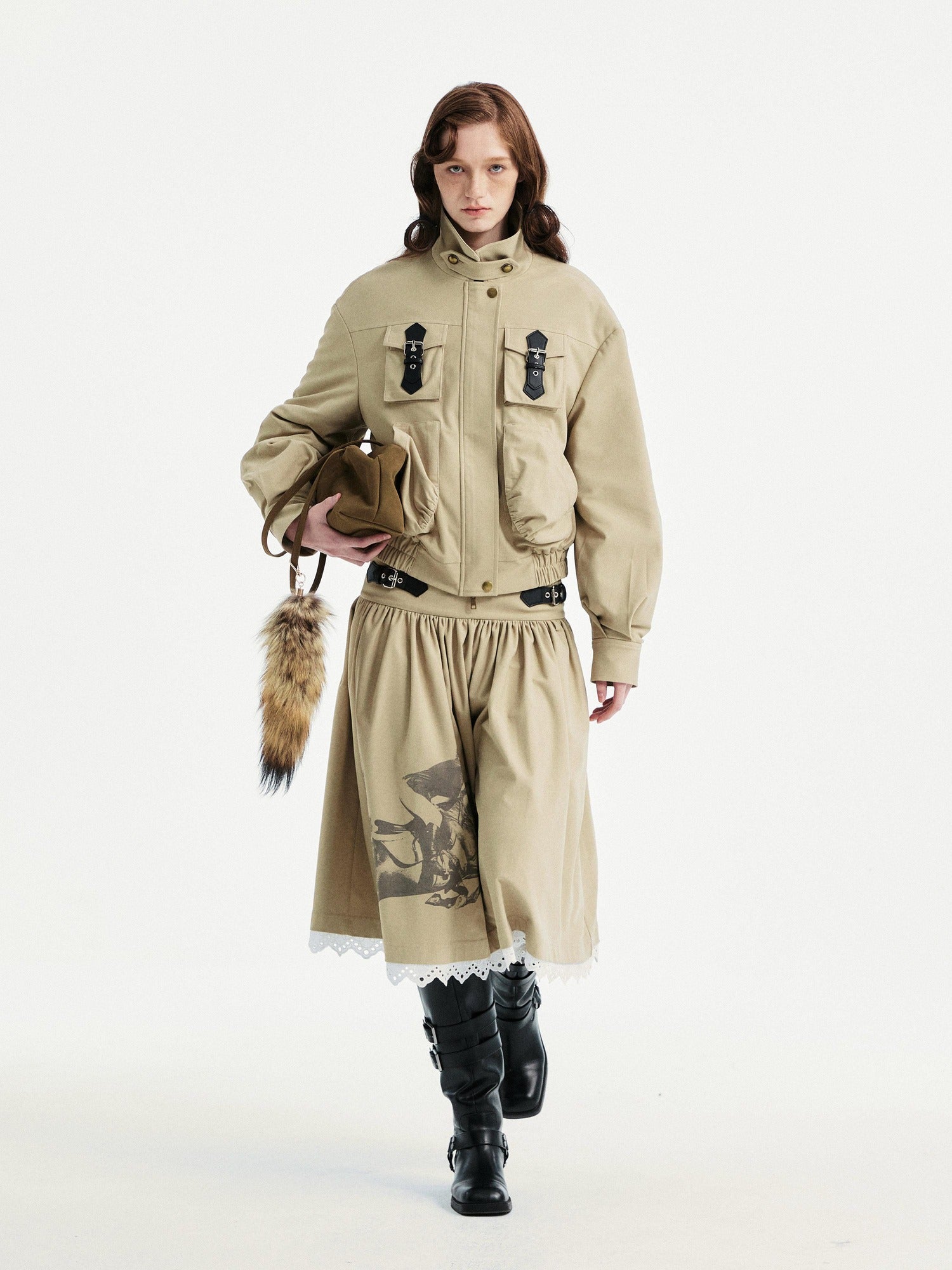 YOSHUYUKI Padded Workwear Loose Multi Pocket Unisex Camel Animal Zip Collar Jacket