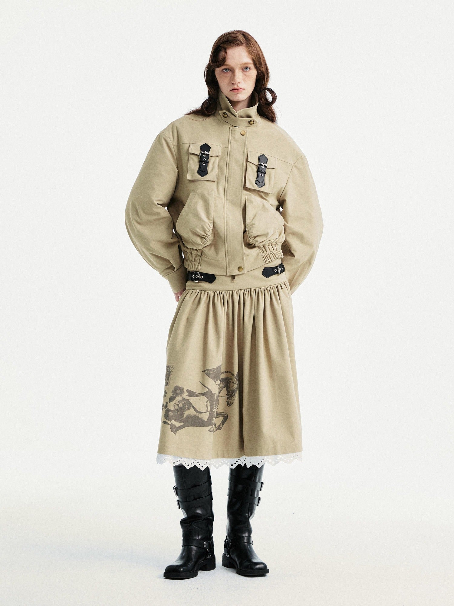 YOSHUYUKI Padded Workwear Loose Multi Pocket Unisex Camel Animal Zip Collar Jacket