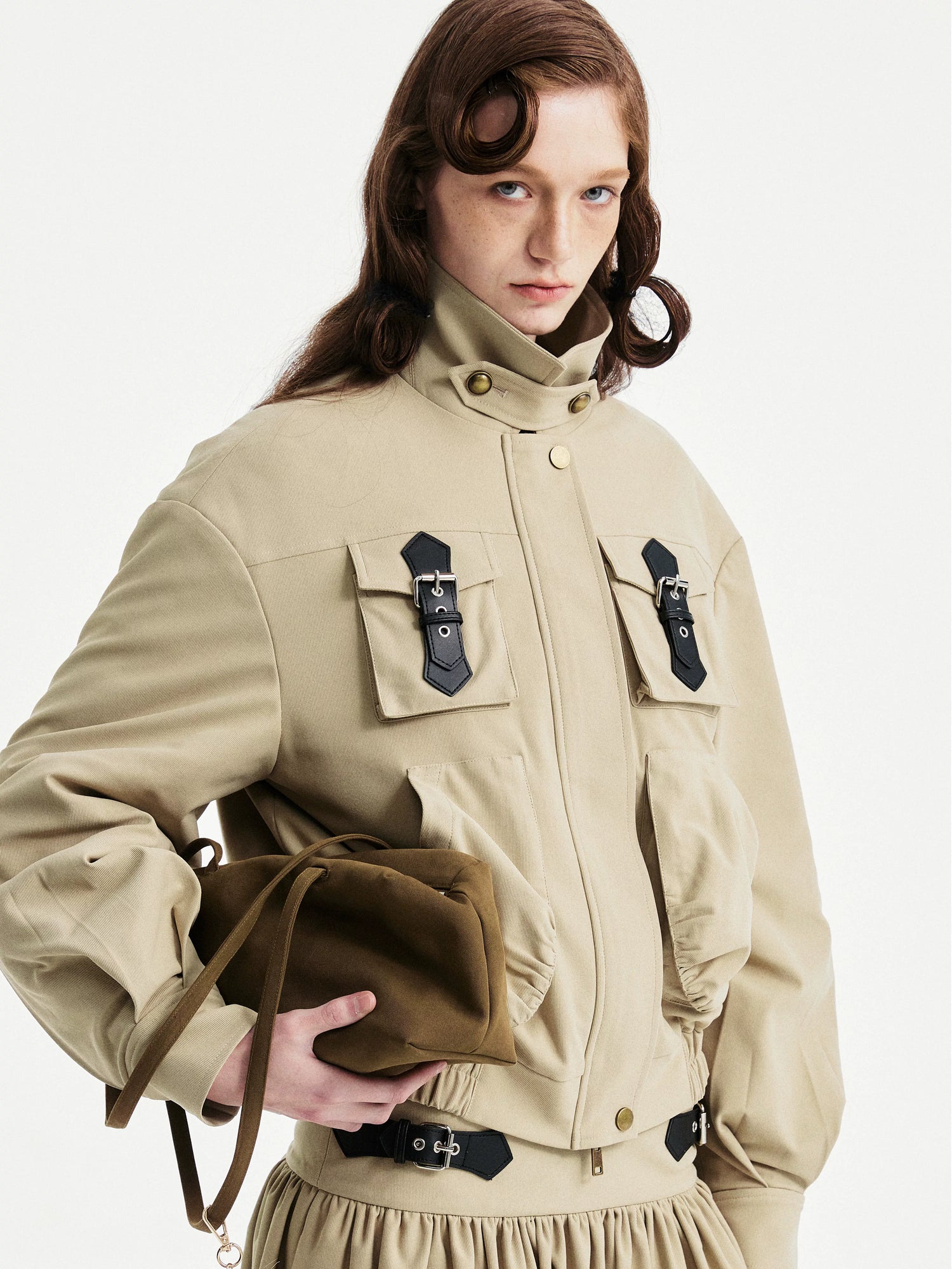 YOSHUYUKI Padded Workwear Loose Multi Pocket Unisex Camel Animal Zip Collar Jacket-1