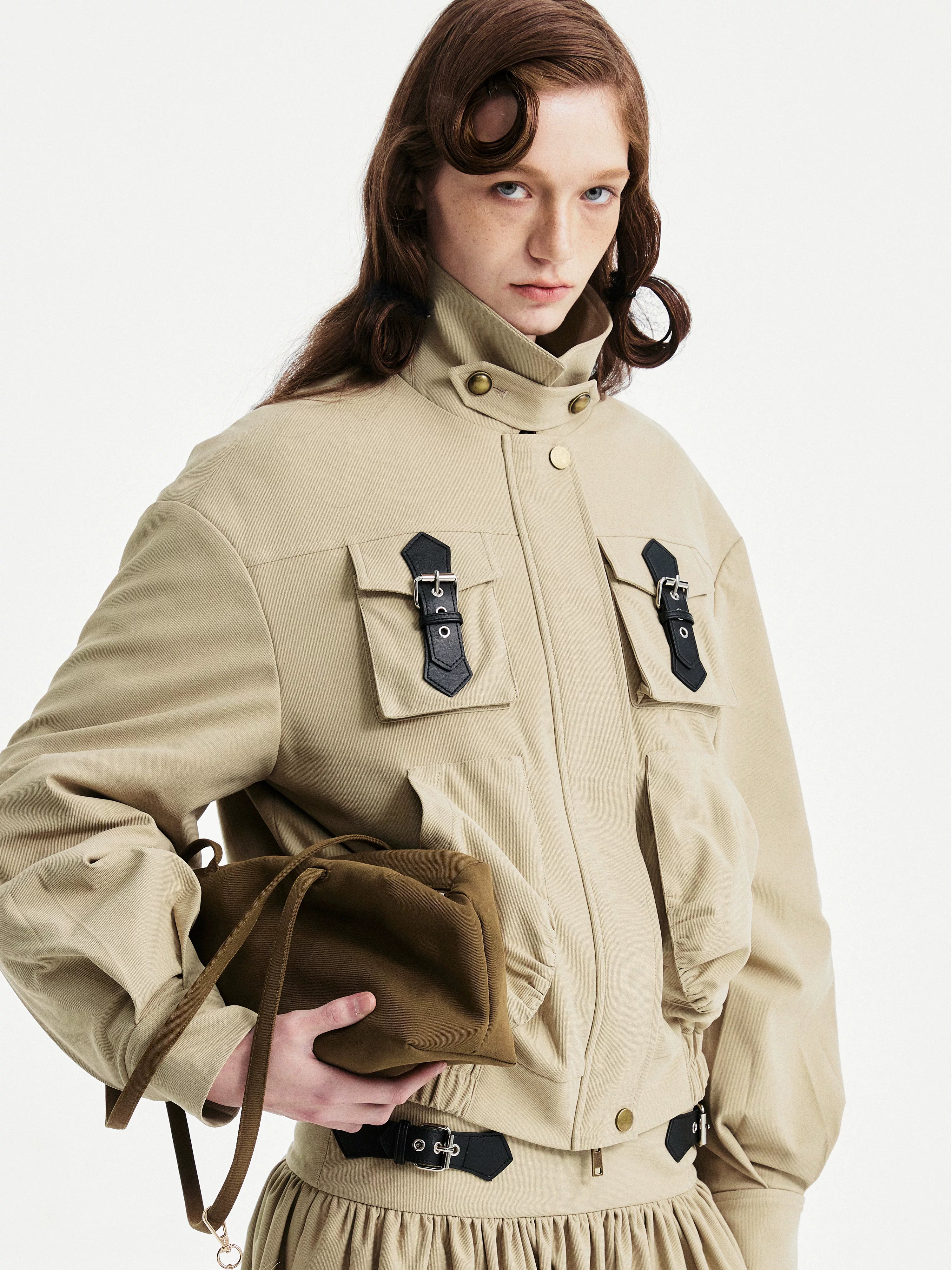YOSHUYUKI Padded Workwear Loose Multi Pocket Unisex Camel Animal Zip Collar Jacket-1