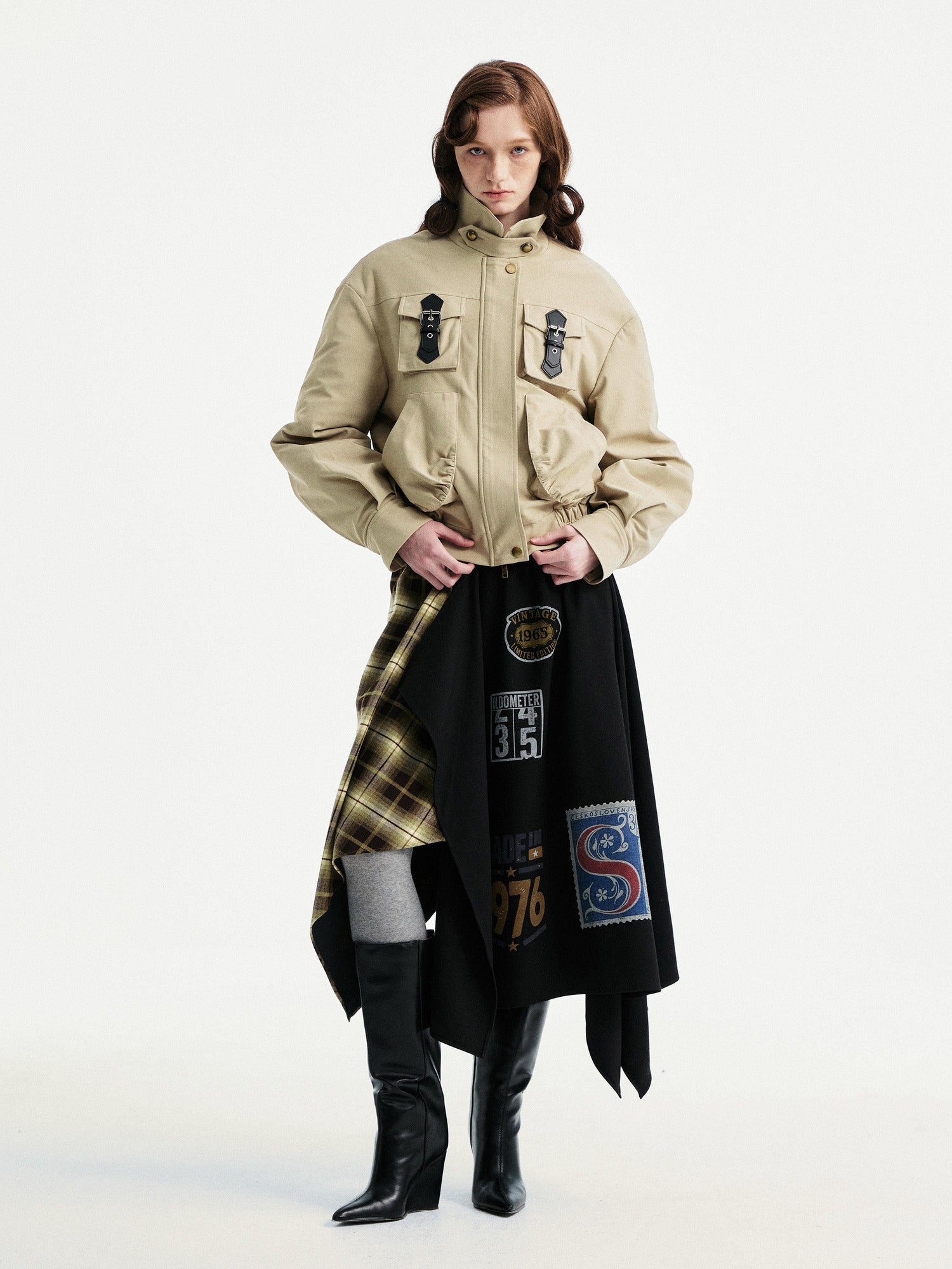 YOSHUYUKI Padded Workwear Loose Multi Pocket Unisex Camel Animal Zip Collar Jacket