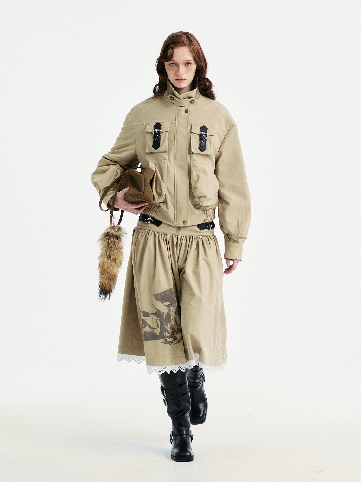 YOSHUYUKI Padded Workwear Loose Multi Pocket Unisex Camel Animal Zip Collar Jacket-2