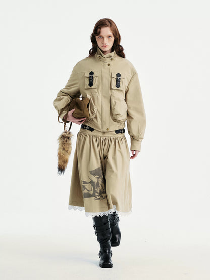 YOSHUYUKI Padded Workwear Loose Multi Pocket Unisex Camel Animal Zip Collar Jacket-2