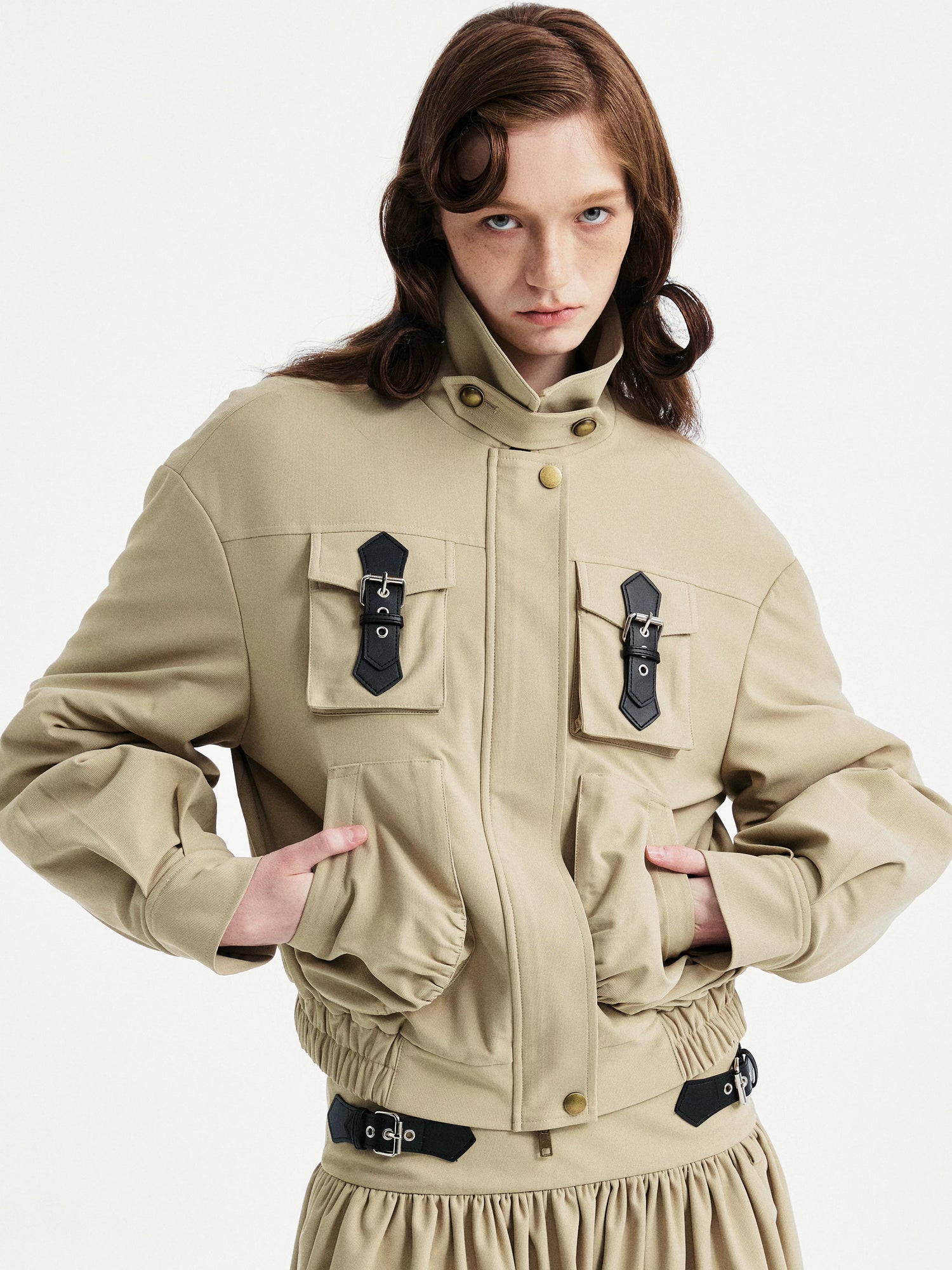 YOSHUYUKI Padded Workwear Loose Multi Pocket Unisex Camel Animal Zip Collar Jacket-4