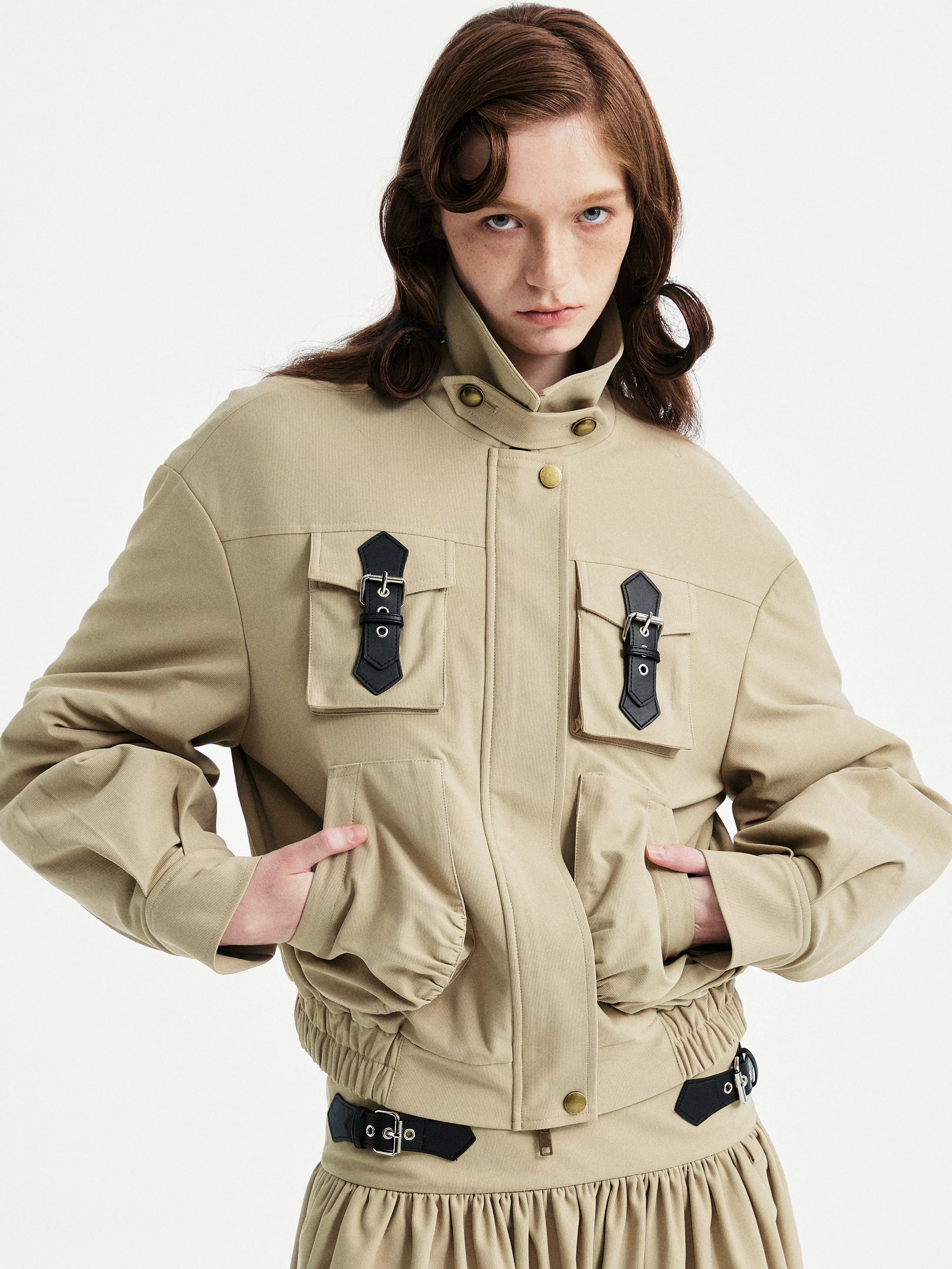 YOSHUYUKI Padded Workwear Loose Multi Pocket Unisex Camel Animal Zip Collar Jacket-4