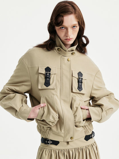 YOSHUYUKI Padded Workwear Loose Multi Pocket Unisex Camel Animal Zip Collar Jacket-4