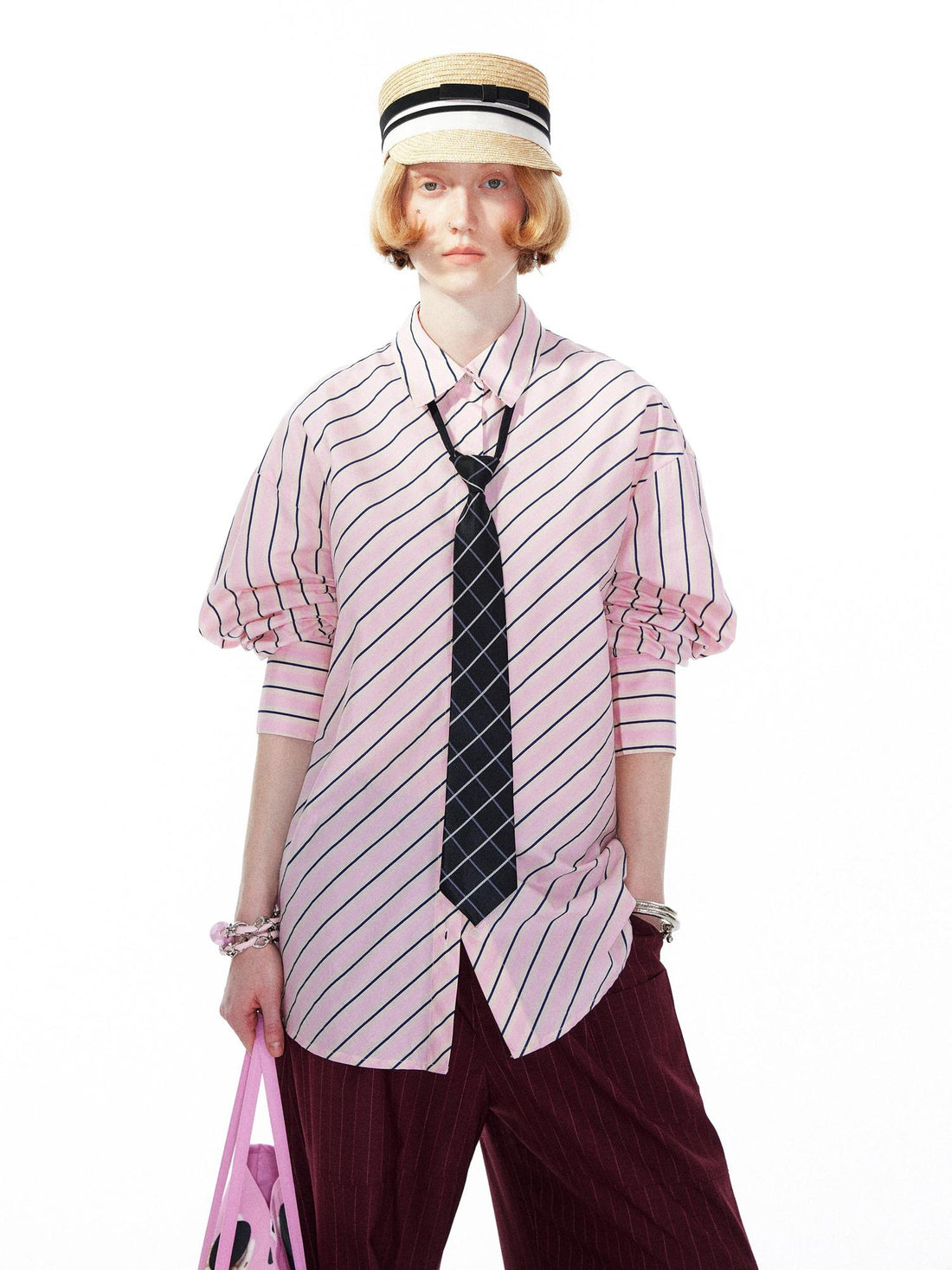 YOSHUYUKI Pink Blue Contrast Stripe Oversized Shirt