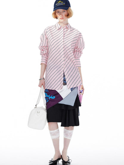 YOSHUYUKI Pink Blue Contrast Stripe Oversized Shirt