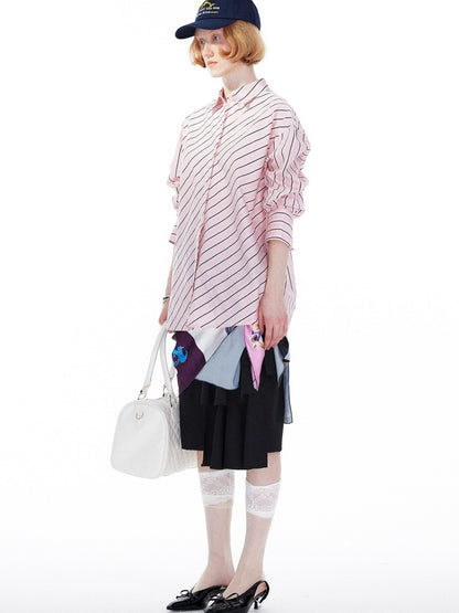YOSHUYUKI Pink Blue Contrast Stripe Oversized Shirt