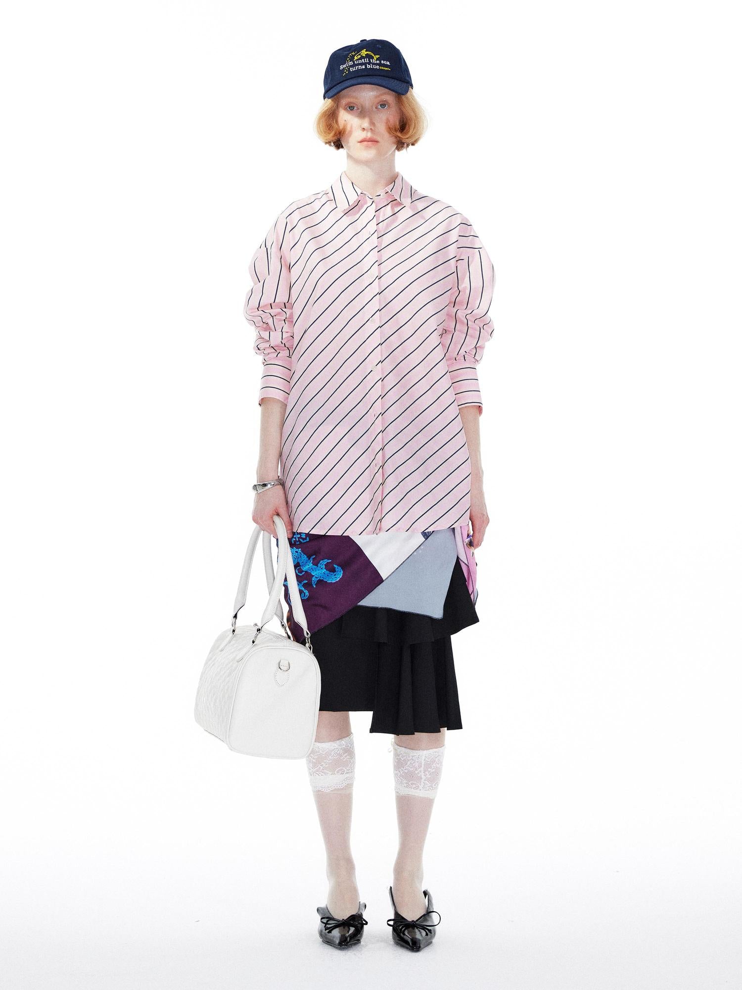 YOSHUYUKI Pink Blue Contrast Stripe Oversized Shirt