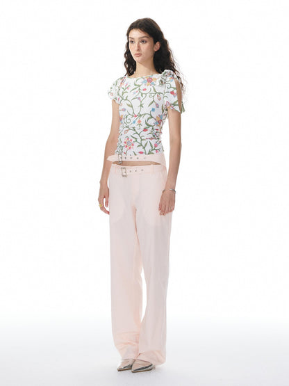 YOSHUYUKI Pink Floral Print Asymmetric Ribbon Women&