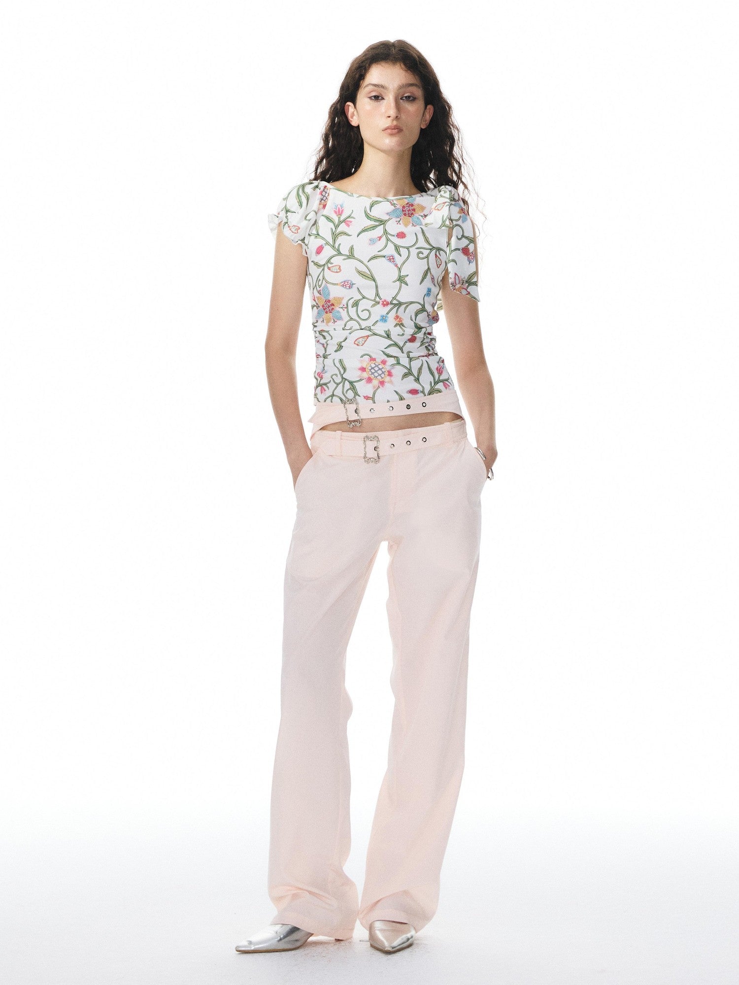 YOSHUYUKI Pink Floral Print Asymmetric Ribbon Women&