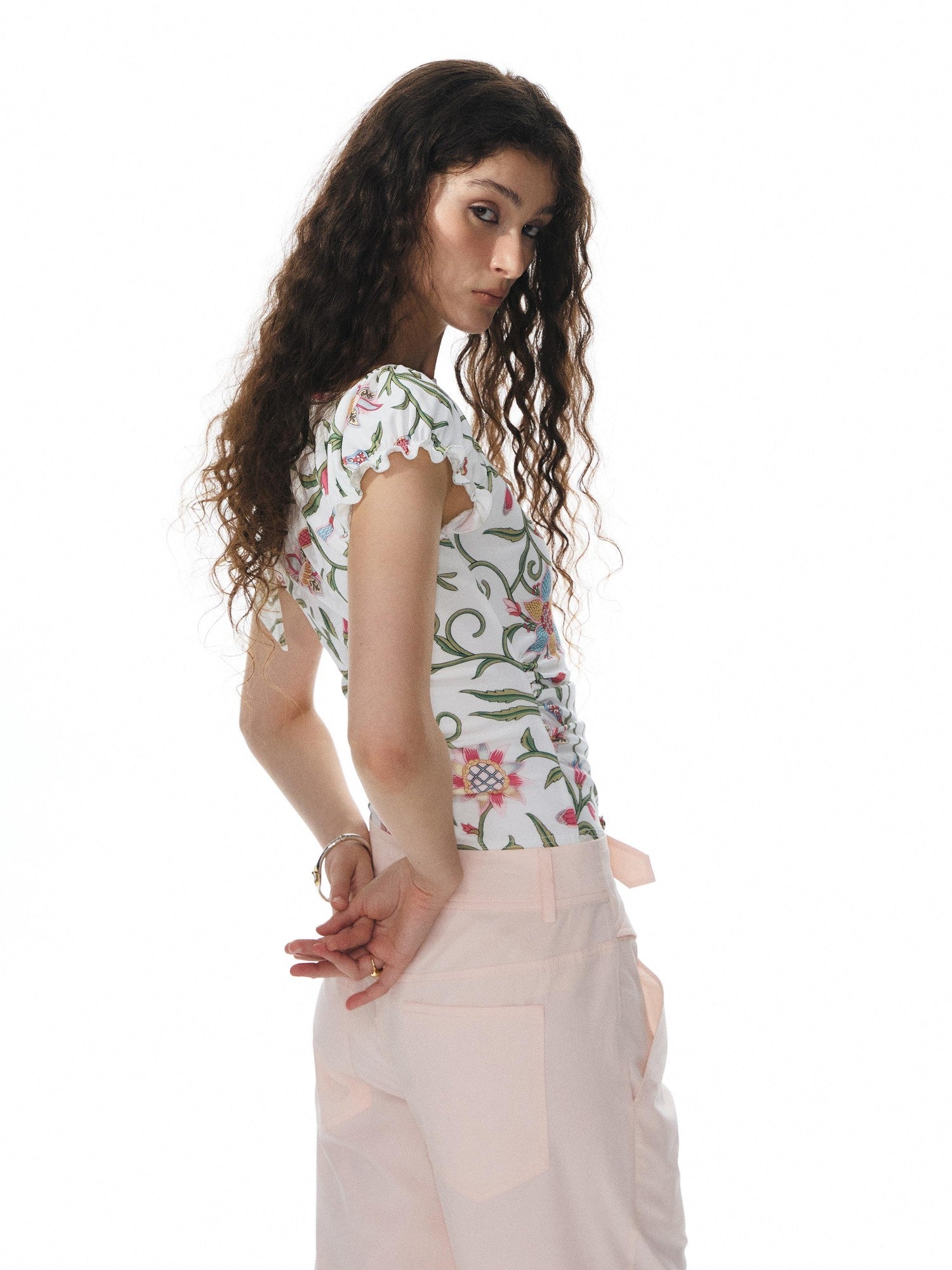 YOSHUYUKI Pink Floral Print Asymmetric Ribbon Women&