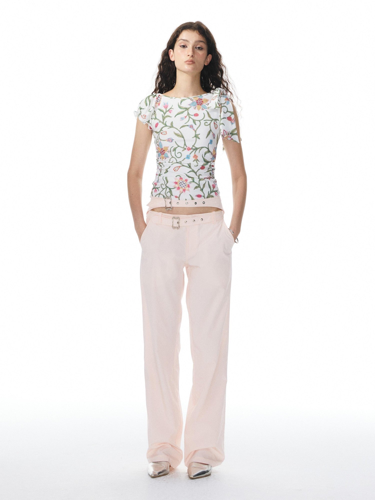 YOSHUYUKI Pink Floral Print Asymmetric Ribbon Women&